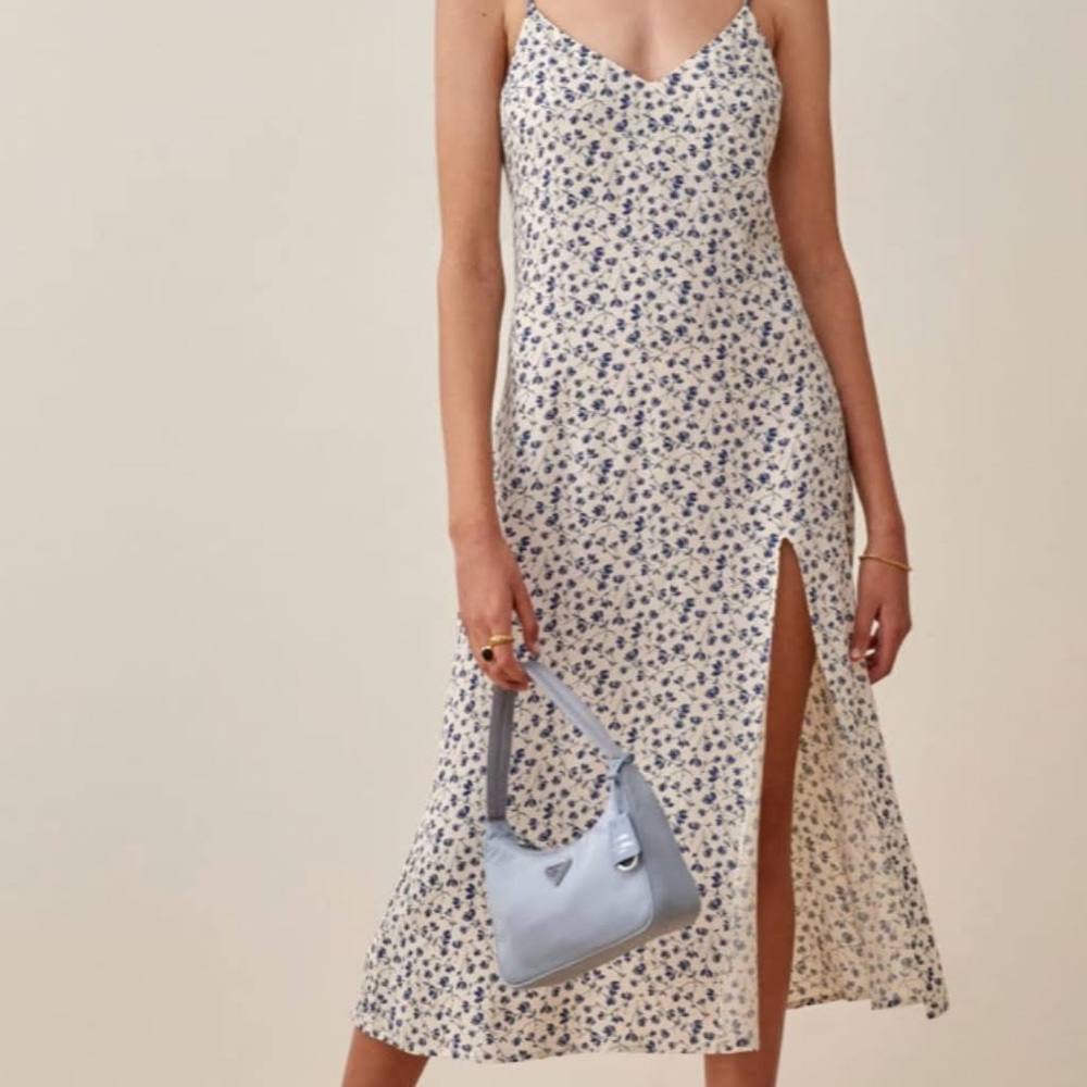 Blue & white floral criminology formation dress with slit